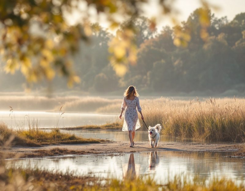 Promenade avec un chien au bord d'un étang bordé de roseaux, tôt le matin
